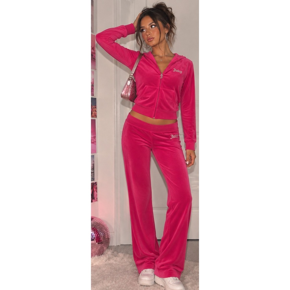 Y2K Juicy Couture Hot Pink Velour Tracksuit Set Medium Rhinestone Bling